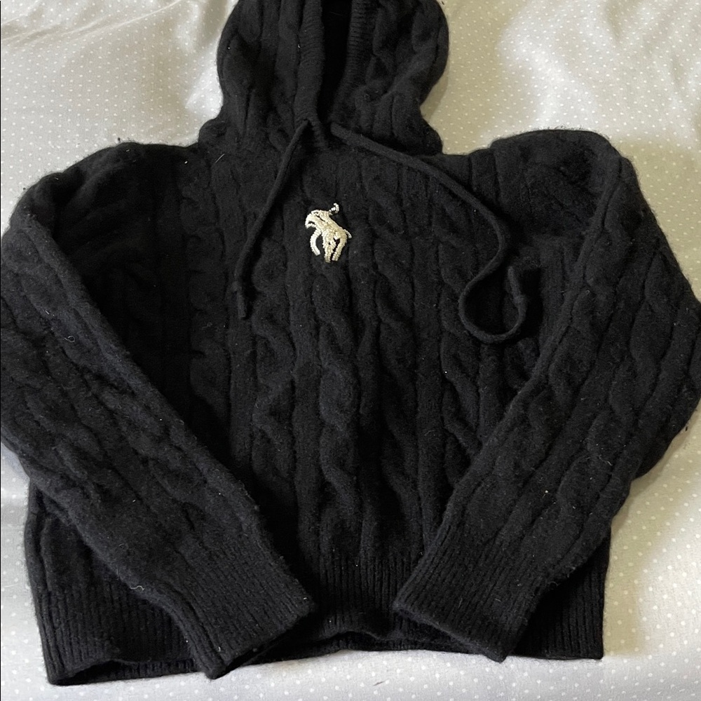 Ralph Lauren Black Cable-Knit Hooded Sweater with White Polo Patch